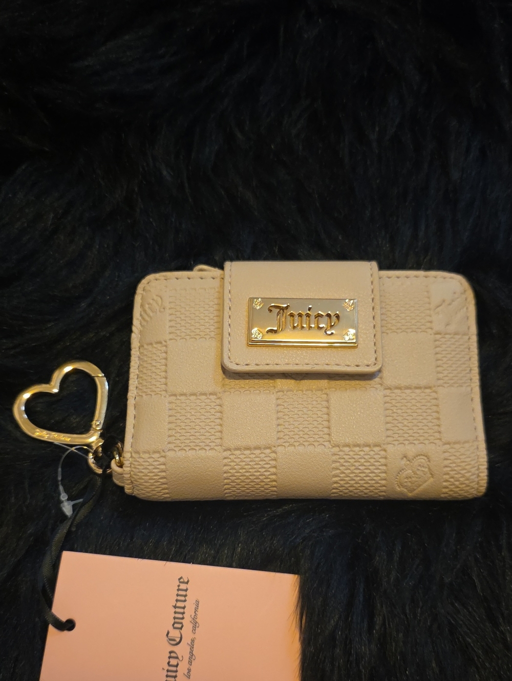 Juicy Couture Beige Checkered Compact Wallet with Gold Heart Keyring